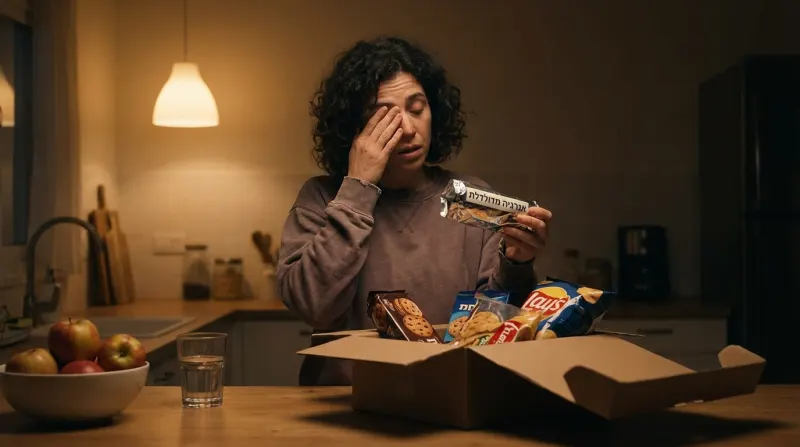 אישה עייפה מתמודדת עם אכילה רגשית בלילה, מחזיקה חטיף אנרגיה מול קופסת חטיפים במטבח.