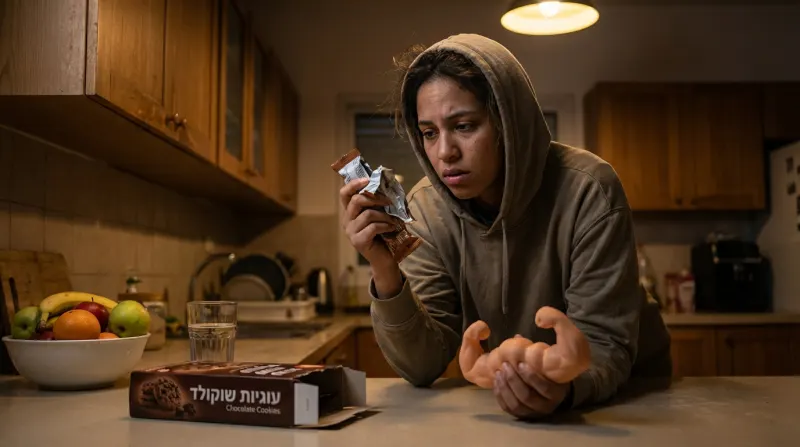 אישה עייפה במטבח חשוך, מחזיקה חטיף שוקולד וזרוע שרירית מפלסטיק, כשלפניה קופסת עוגיות פתוחה וקערת פירות.