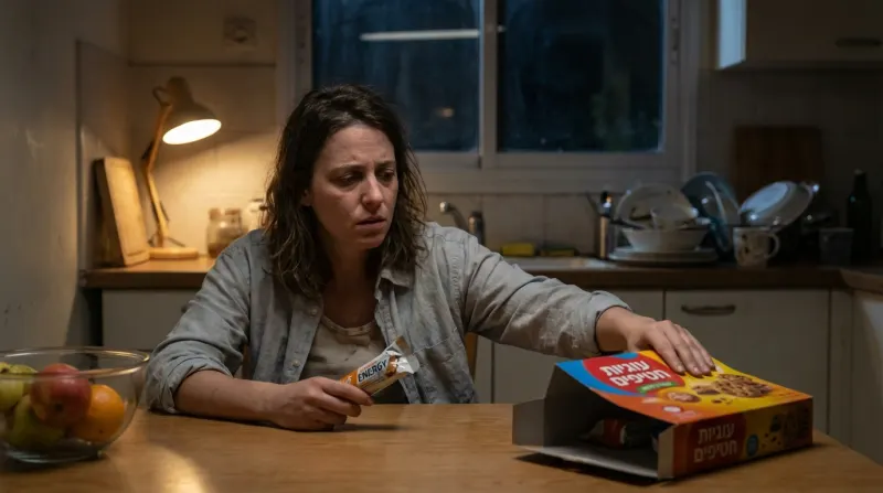 אישה עייפה במטבח חשוך מחזיקה חטיף אנרגיה ומסתכלת על קופסת דגני בוקר תלמה