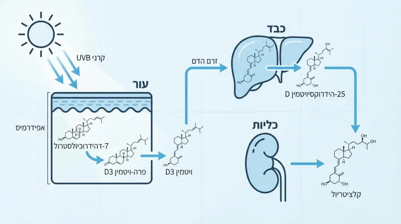 תרשים תהליך ייצור ויטמין D בגוף: מחשיפה לקרני UVB בעור, דרך הכבד ועד הפיכתו לקלציטריול בכליות.